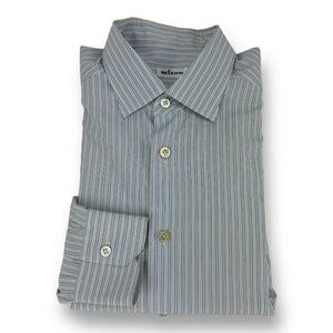 Kiton Gray Blue & White Stripe Cotton Long‎ Sleeve Button Up Shirt Mens 15.75/40